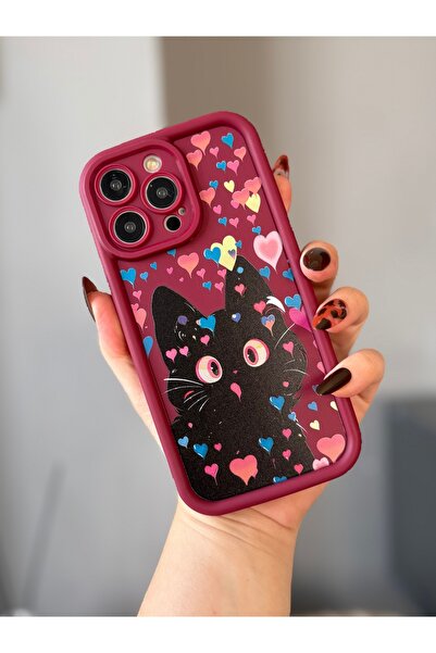 MİRAZ TASARIM غطاء حماية مضاد للصدمات بنمط قطة باللون البورجندي لهاتف آيفون 1...