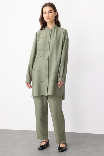 Micca VYS Nervur Detaylı İpekçe Doku Alt ve Üst Kombin Takım-Haki