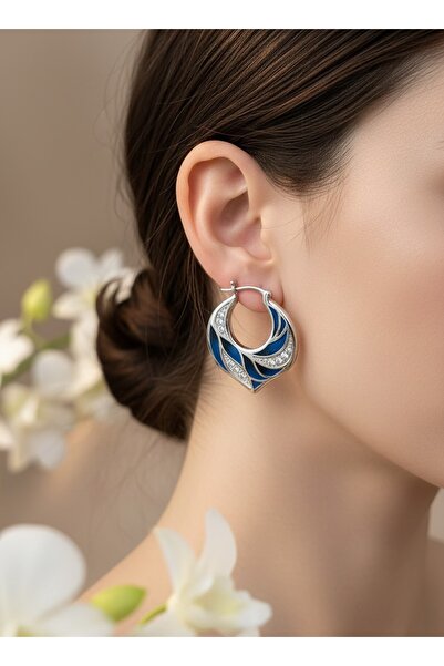 ZEY 925 Ayar Gümüş Takı-Mavi Mineli Damla Form Halka Kadın Küpe