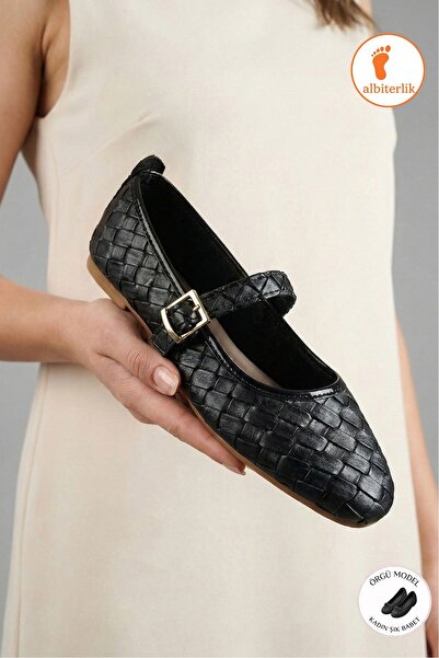 AlbiShoes Kadın Örgü Babet Anatomilk Hafif Taban Günlük Kullanım Tokalı Şık Ö...