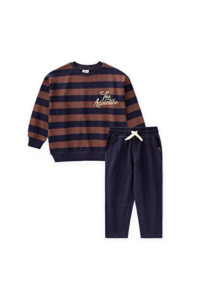 Cigit Knitwear Striped Printed Set 2-10 Years Old Brown Navy Blue Striped