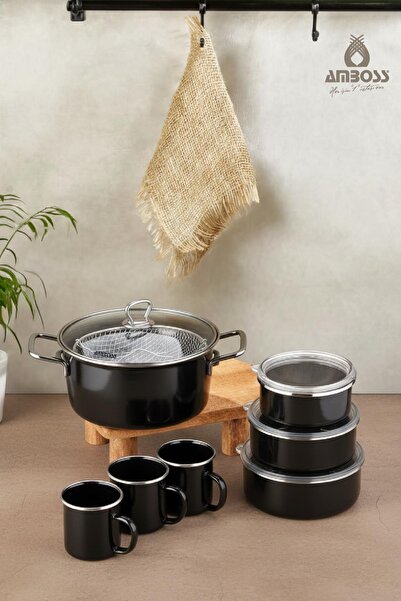 Amboss Crispella Morning 12 Piece Enamel Pot Storage Container Mug Set-Black
