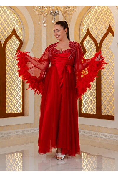 Limas lingerie Special Design Feathered, Lace-Detail 2-Piece Long Dressing Gown