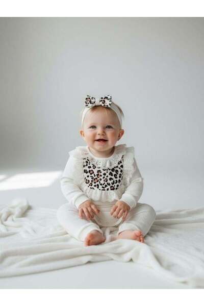 Zekids Baby Girl Cotton Leopard Patterned Bandana Jumpsuit Without Booties