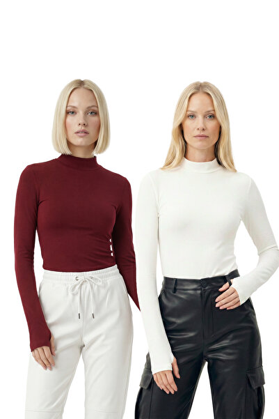 uyguntarz Kadın 2'li Bordo & Beyaz Parmak Detaylı Yarı Balıkçı Yaka Bluz Fırs...