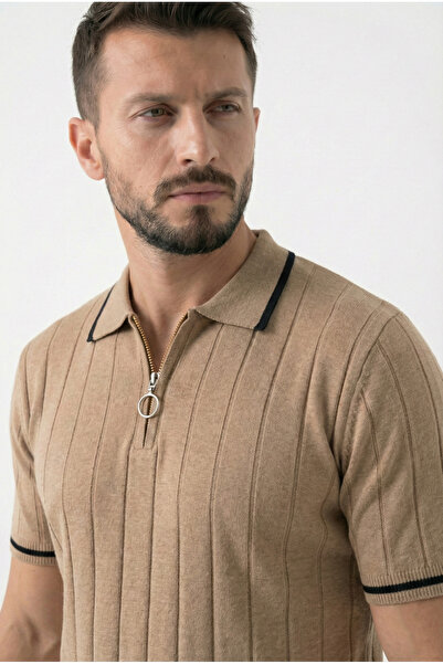 Erkek Polo Yaka Fermuarlı Şerit Detaylı Kısa Kollu Fitilli Basic Örme Triko T-shirt