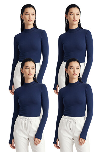 uyguntarz Pachet de 4 bluze de damă cu guler semi-înalt și detaliu indigo la ...