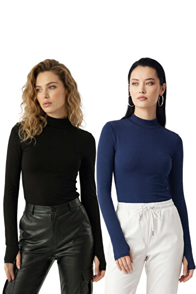 uyguntarz Kadın 2'li İndigo & Siyah Parmak Detaylı Yarı Balıkçı Yaka Bluz Fır...