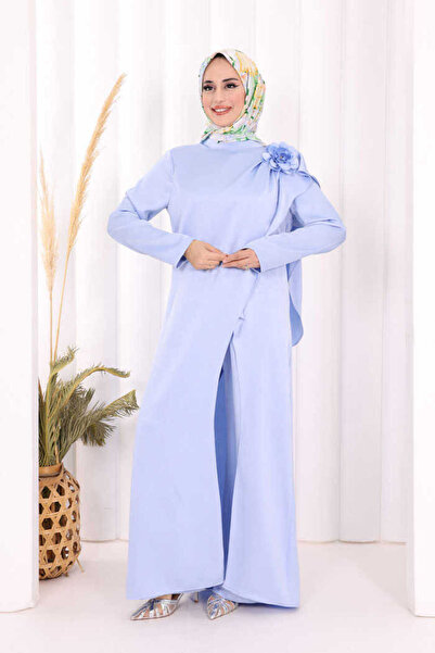 Bym Fashion Satin Rose Brooch Long Tunic Pants Double Set 8010 Blue