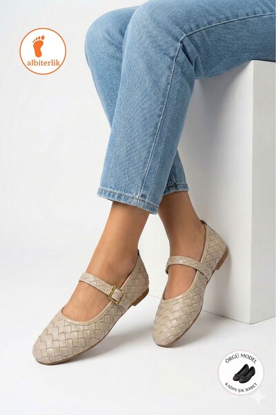 AlbiShoes Women's Knitted Ballerinas Anatomilk Light Sole Daily Use Buckle St...