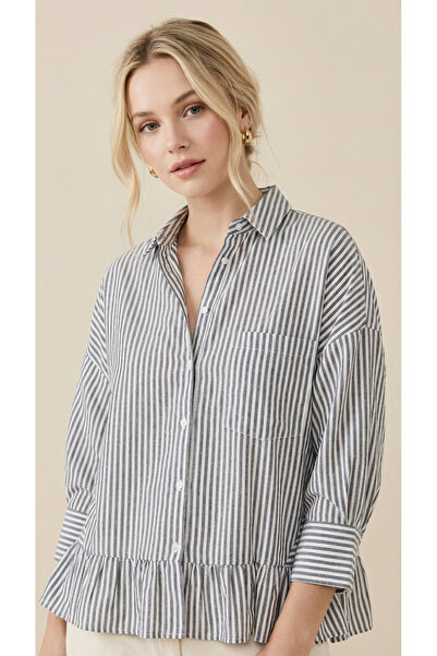 Matcha Butik Women's Ruffled Striped Design Shirt