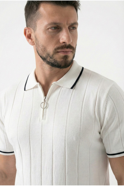 Erkek Polo Yaka Fermuarlı Şerit Detaylı Kısa Kollu Fitilli Basic Örme Triko T-shirt