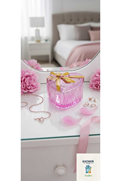 KACHKIRHOME Cam Kalp Fiyonk Detaylı Kase Kapaklı Pembe Sevgililer günü Takı Y...