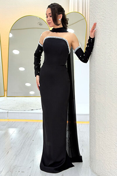 zks grup tekstil Women's Pearl Strapless Detachable Sleeve Detailed Long Even...