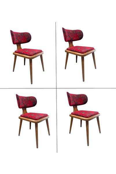 monitasarım Luvia Mutfak Ahşap Sandalyesi - 4 Lü Set - Bordo Desenli Kumaş
