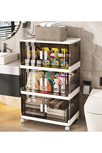 Generic خزانة تخزين شفافة بثلاثة أرفف مع أبواب وعجلات - 60 × 34.5 × 96 سم - م...