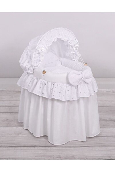 Other Doll's Pram - Moses Basket for Dolls with Hood - White with Embroidered...