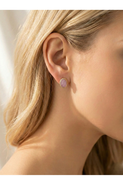 Candy Nuveria Gül Sükûneti Serisi - Pembe Mineli Altın Kaplama Oval Küpe