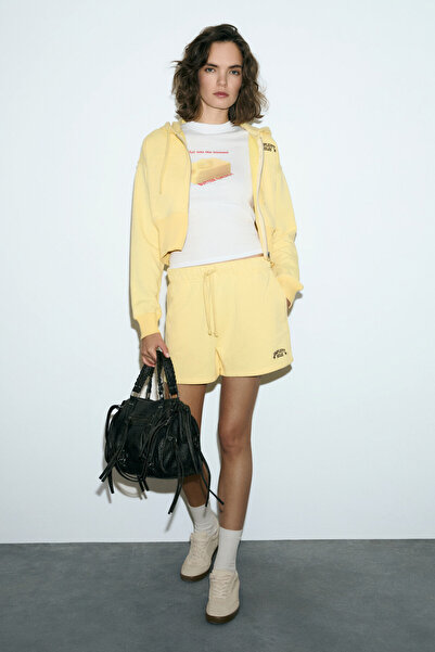 GRIMELANGE Elara Women's Metal Zipper Embroidered Hooded Crop Yellow Sweatshirt