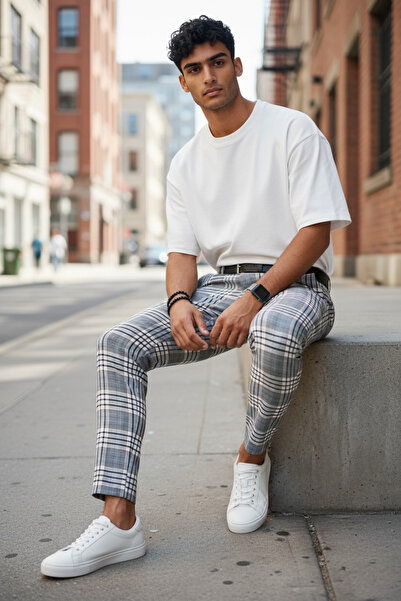 dehaine Men's casual pants, plaid, Slim Fit, Gray, B1743