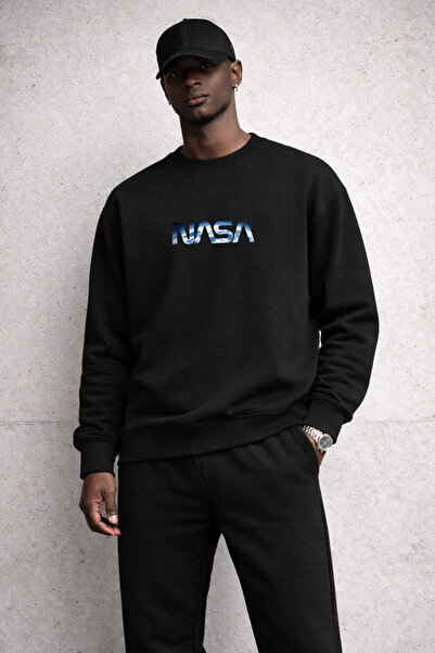 CLAYES Men's Black Nasa Printed Tracksuit Set – Crew Neck Sweatshirt Jogger B...