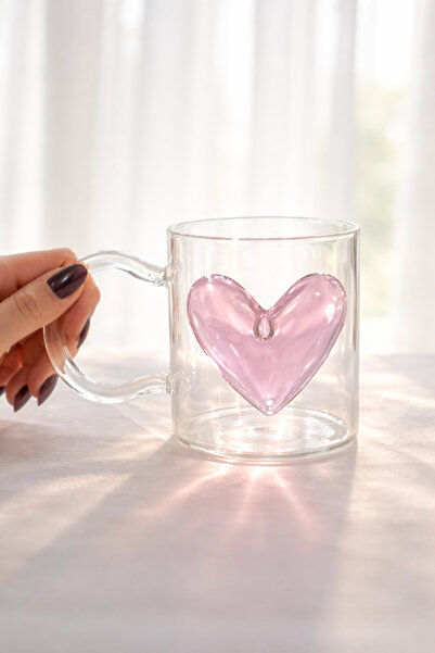 Evila 400 ml Kalp Desenli Cam Kupa Bardak Şeffaf Kulplu Çay Kahve Kupası Este...