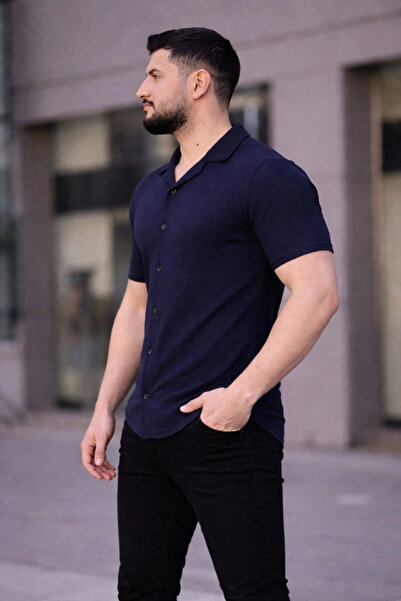 Alfanora Men's Waffle Fabric Short Sleeve Buttoned Open Collar Regular Fit Sh...