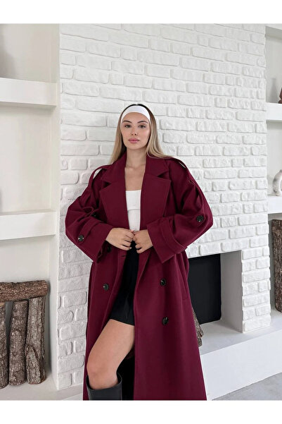 met home Burgundy Cashmere Oversized Coat with Shoulder Detail and Belted But...