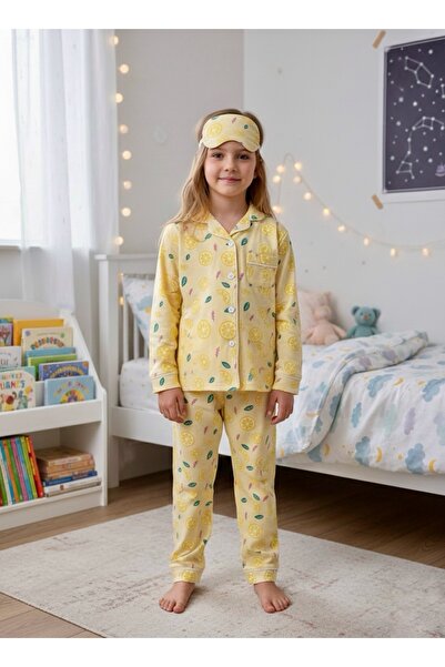 Enie Set de pijamale pentru fete, din bumbac galben, cu model de lămâie și oc...