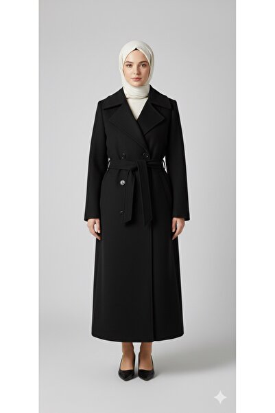 ECALAMODE Women's Light Gray Belted Long Cashmere Coat – Double-Breasted Coll...