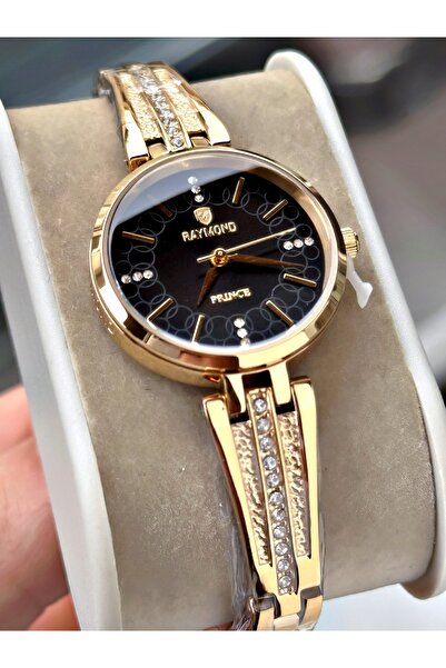 Raymond Altın Renk Taşlı Fantazi Şık Model Çelik Orjinal Kadın Kol Saati + Bİ...