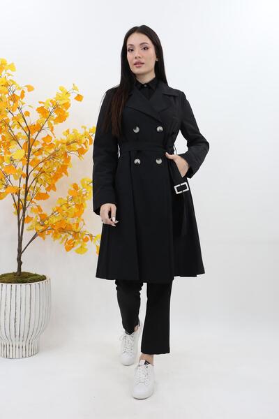 Orhan Kruvaze Midi Boy Trençkot - Siyah