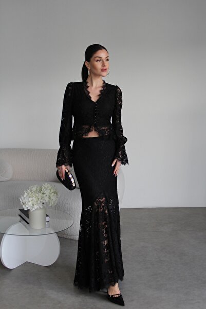 Julidress V-Neck Lined Pearl Buttoned Blouse & Maxi Skirt Premium Design Lace...