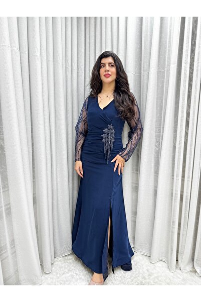 Rosina Navy blue dress with sheer sleeves and luxurious side embroidery