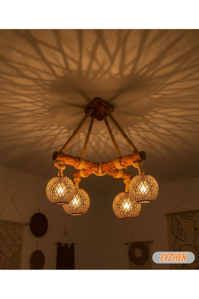 Eyzhen El Yapımı Halatlı Ahşap Avize 4’lü Rustik Bohem Tavan Lambası Doğal Ah...