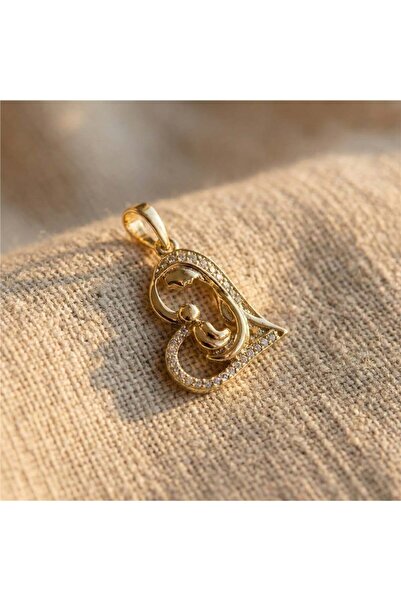 Zeino Zirkon Taşlı Kalp İçinde Anne Çocuk Kolye Ucu - 14k Altın Rengi Kaplama...