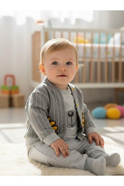 Zekids Baby Boy Cotton Teddy Bear Patterned Triple Tracksuit Set