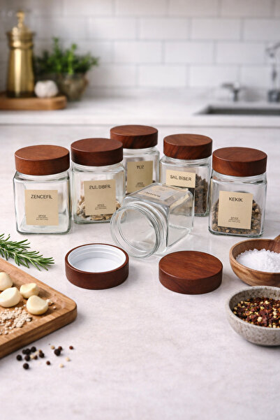 welcomein 6’lı Akasya Kapaklı Cam Baharatlık Seti – Sızdırmaz Kapak, Minimal ...