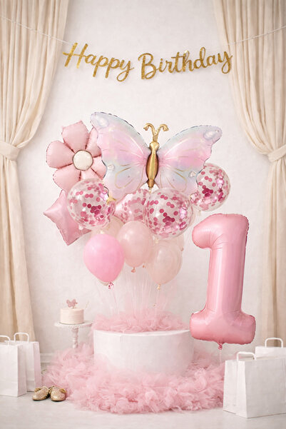 MERİ PARTİ Kelebek Konsept Doğum Günü Balon Seti – Pudra Pembe Gold Happy Bir...