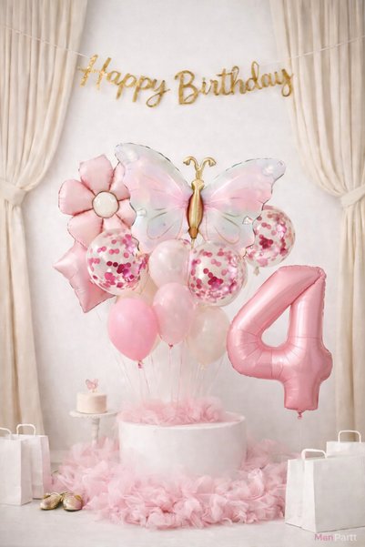 MERİ PARTİ Kelebek Concept Birthday Balloon Set – Powder Pink Gold Foil Number Balloon with Happy Birthday Banner
