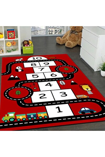 trendyhome Sotron Children's Rug, Car Track Pattern, Red/Black/White, Anti-Slip