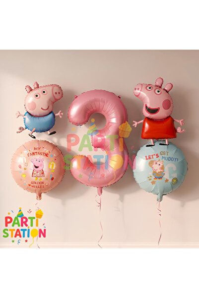 Parti Station Peppa Pig & George Konsept 3 Yaş Folyo Balon Seti Doğum Günü Seti