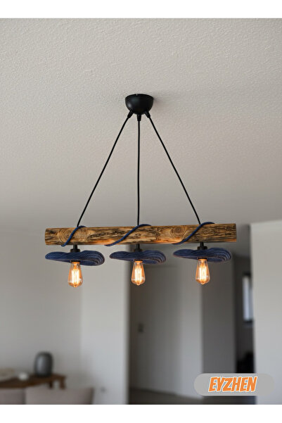 Eyzhen Bohem Tarz Bükülebilir Lacivert 3 Lü Eskitme Sarkıt Ahşap Avize Şekil ...