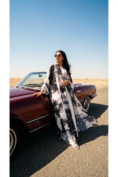 Feya Delara Open Abaya White/Blue Cardigan WTH Scraf