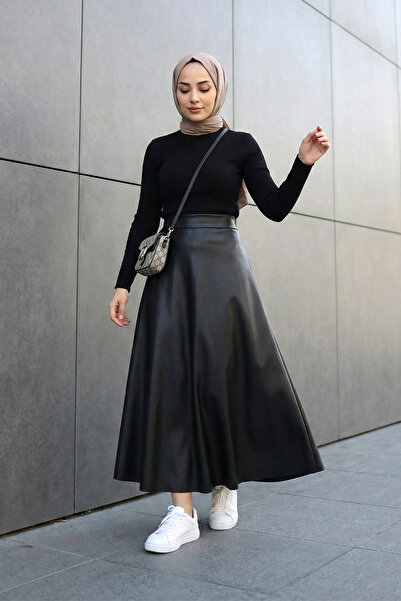 MODAQU Mevlana Faux Leather Skirt - Black