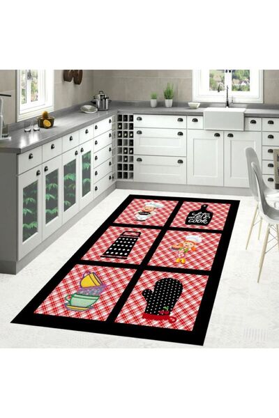 trendyhome Anti-Slip Kitchen Rug, Utensil Pattern, Red/Black