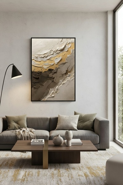 hollywest Lüks Soyut Gold Vurgulu Duvar Sanatı | Kahve & Krem Modern Çerçevel...
