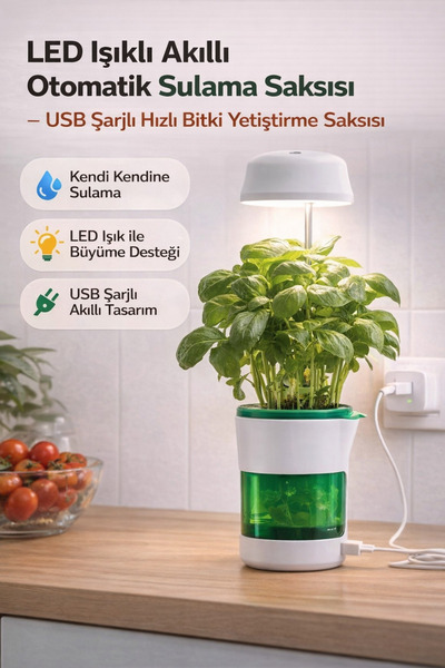 Hane Dostu LED Işıklı Akıllı Otomatik Sulama Saksısı – USB Şarjlı Hızlı Bitki...