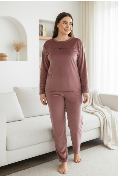YusGos Women's French Velvet Round Neck Long Sleeve Printed Pajama Set