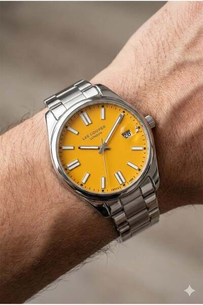 Lee Cooper Yellow Dial Men's Wristwatch |   45mm Silver Color Steel Case, Ste...